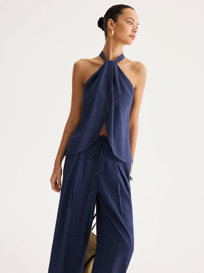 Slit-Front Halter Top & Wide Leg Pants Set