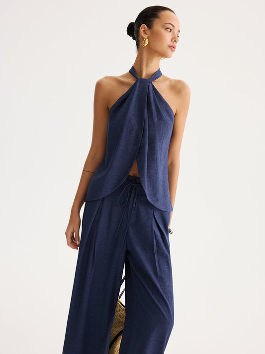 Slit-Front Halter Top & Wide Leg Pants Set