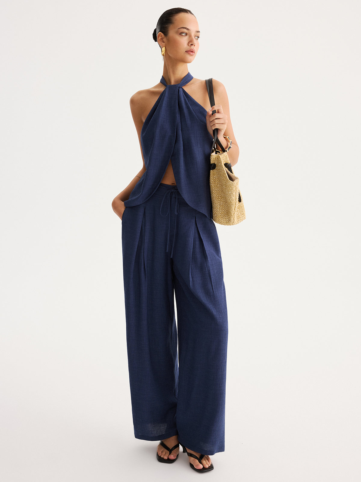 Slit-Front Halter Top & Wide Leg Pants Set