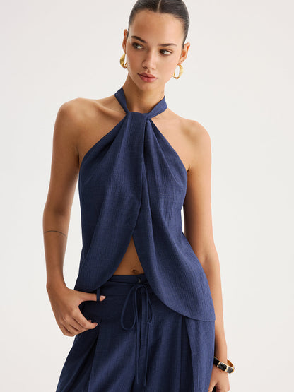 Slit-Front Halter Top & Wide Leg Pants Set
