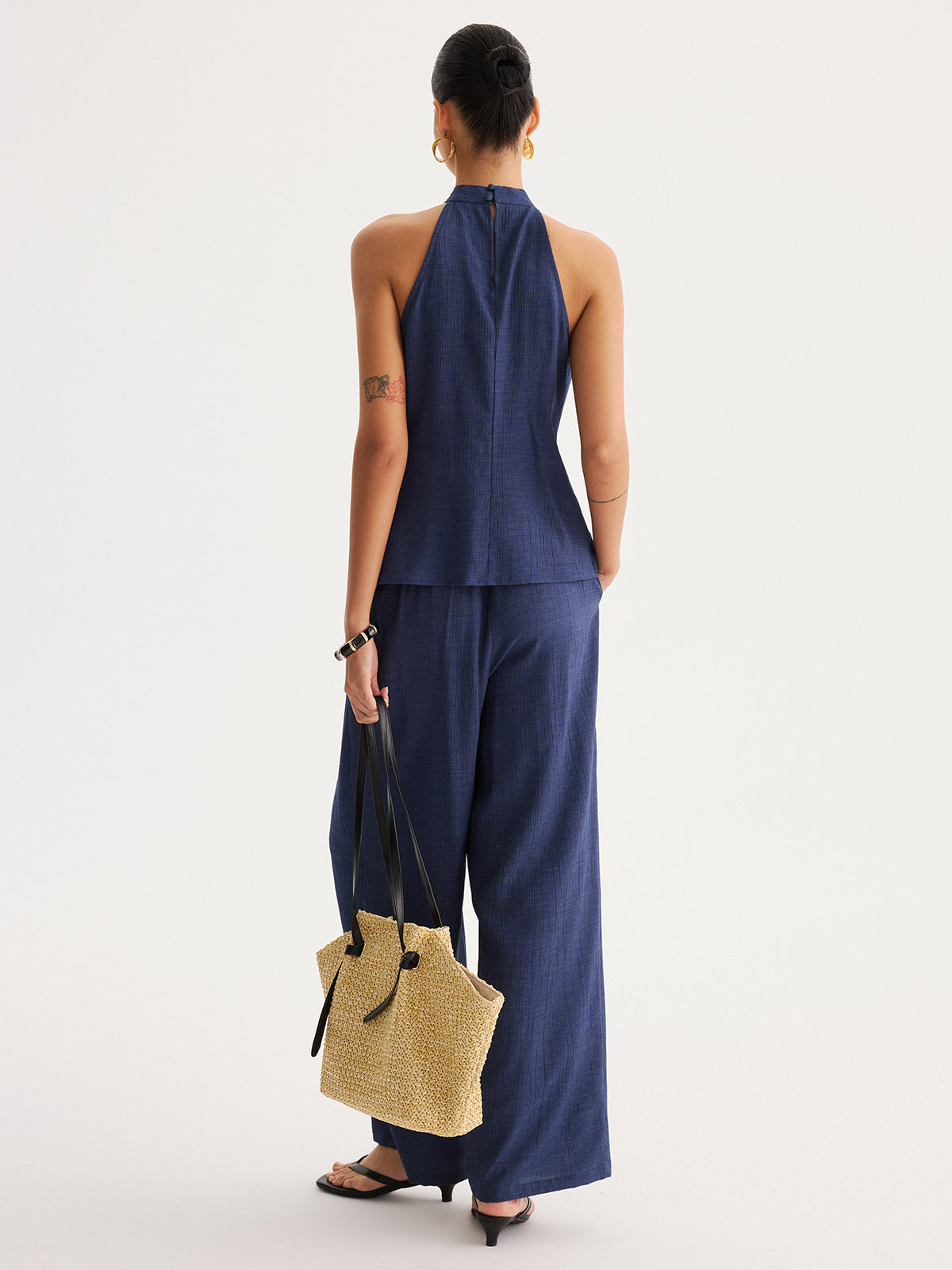 Slit-Front Halter Top & Wide Leg Pants Set