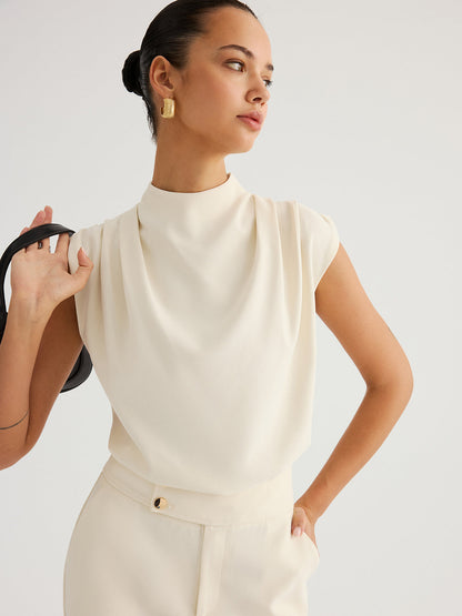 Draped High-Neck Cap Sleeve Blouse