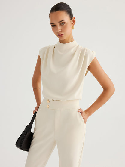 Draped High-Neck Cap Sleeve Blouse