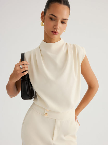 Draped High-Neck Cap Sleeve Blouse