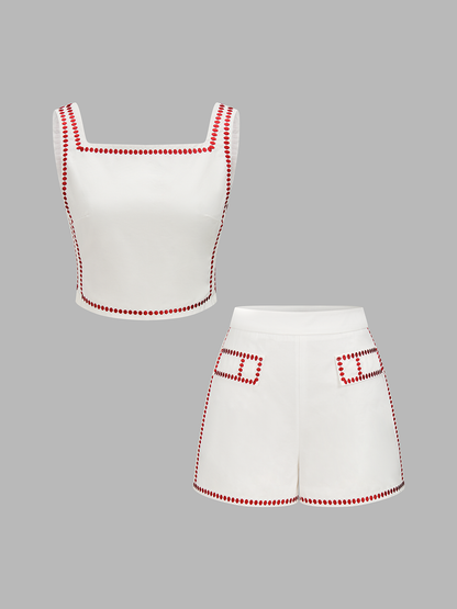 Square Neck Embroidered Top & Shorts Set