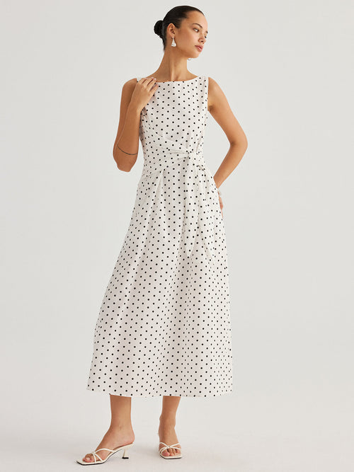 Polka Dot Tie Waist Cotton Linen Maxi Dress