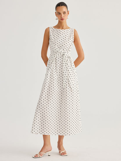 Polka Dot Tie Waist Cotton Linen Maxi Dress