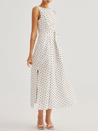 Polka Dot Tie Waist Cotton Linen Maxi Dress