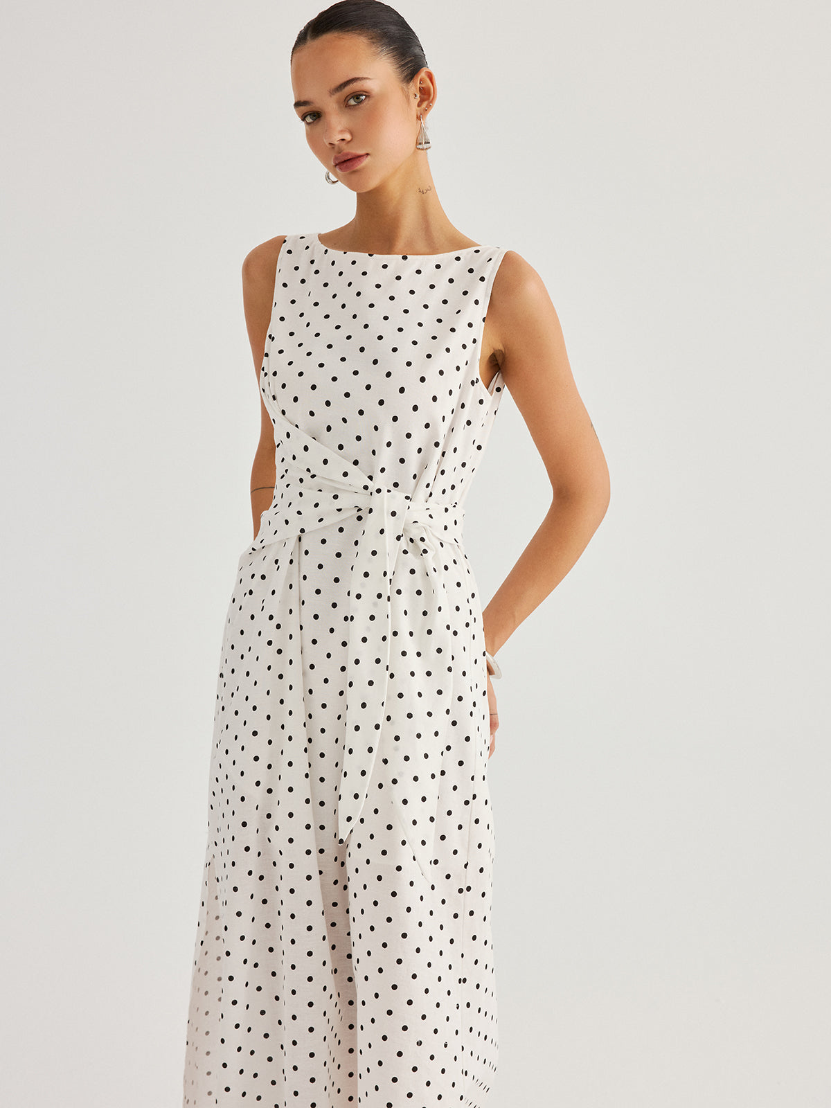 Polka Dot Tie Waist Cotton Linen Maxi Dress