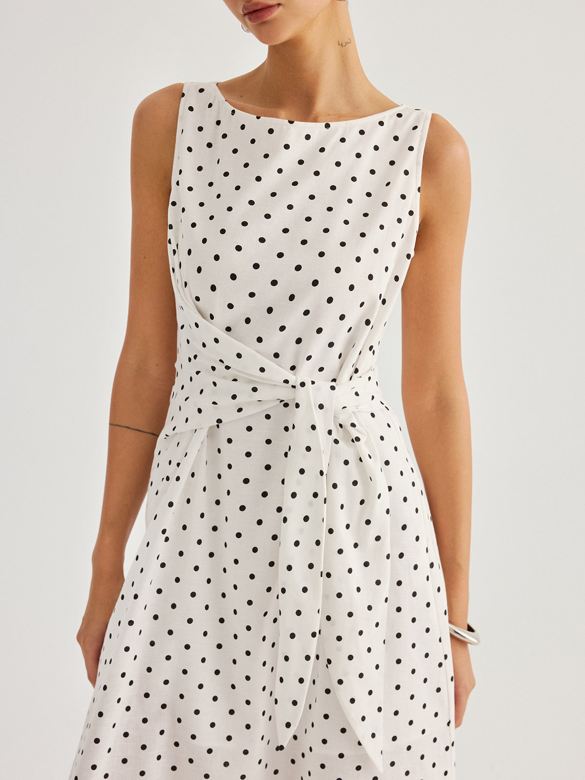 Polka Dot Tie Waist Cotton Linen Maxi Dress