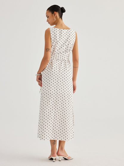 Polka Dot Tie Waist Cotton Linen Maxi Dress