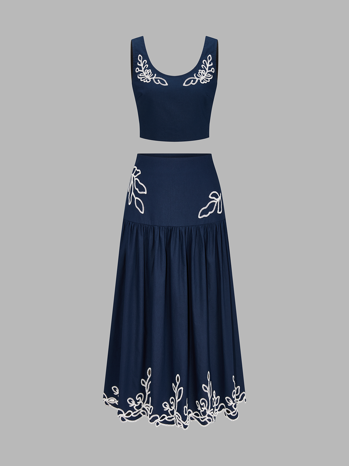 Embroidered Cotton Linen Top & Midi Skirt Set