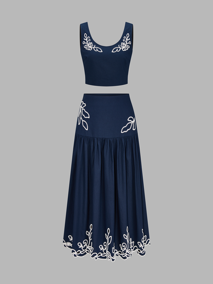 Embroidered Cotton Linen Top & Midi Skirt Set