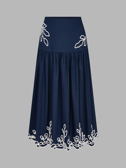Embroidered Cotton Linen Top & Midi Skirt Set