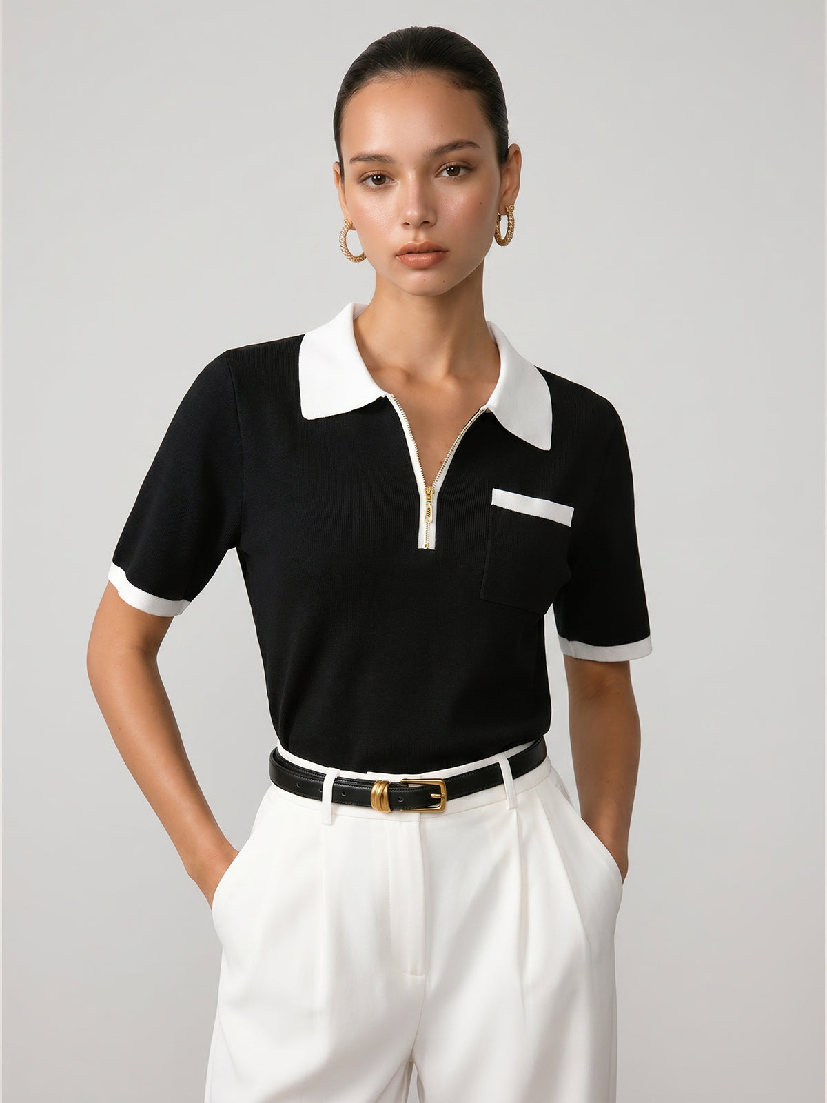 Short Sleeve Zipper Collar Knitted Polo Top