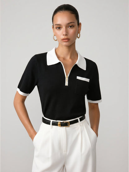 Short Sleeve Zipper Collar Knitted Polo Top