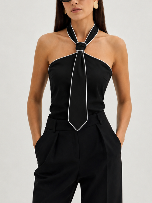 Tie Detail Contrast Trim Halter Neck Top