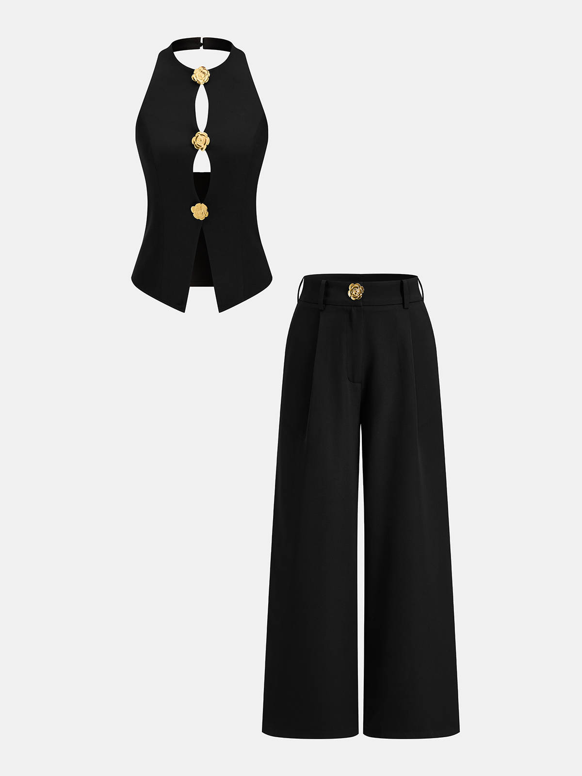 Rose Detail Cut-Out Halter Top & Pants Set