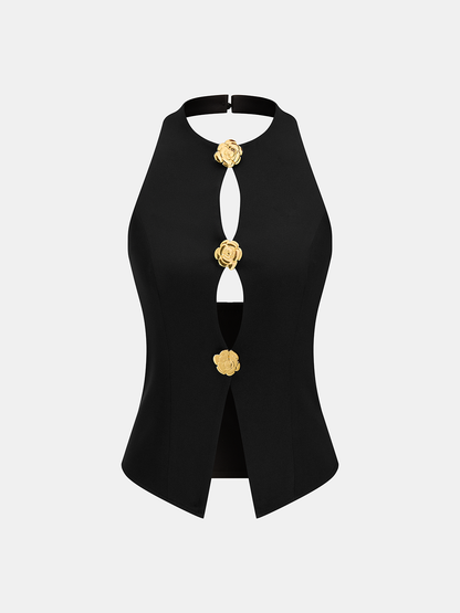 Rose Detail Cut-Out Halter Top & Pants Set