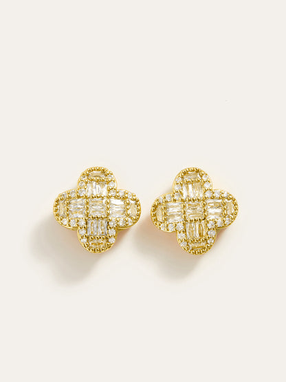 Golden Baguette Crystal Flower Earrings