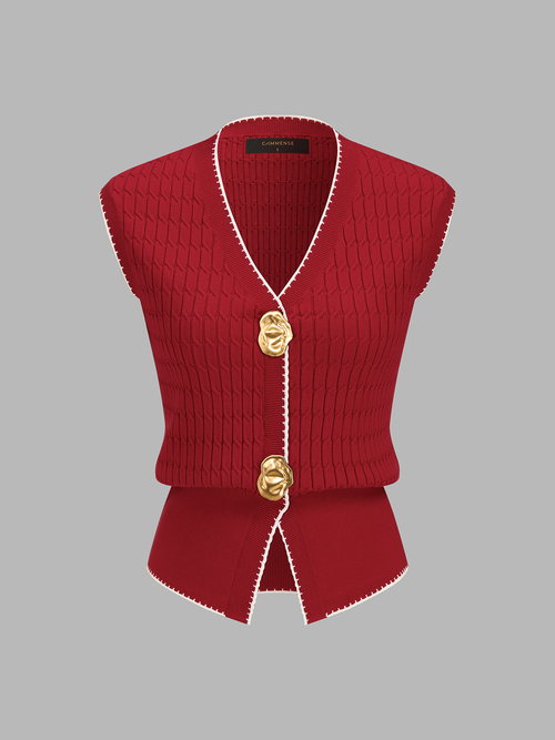 Contrast Trim Textured Knit Vest