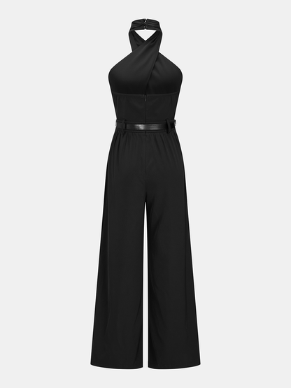 Cross Halter Belted Wide Leg Jumpsuit