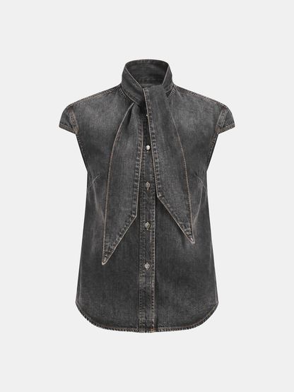Tie Neck Sleeveless Denim Shirt