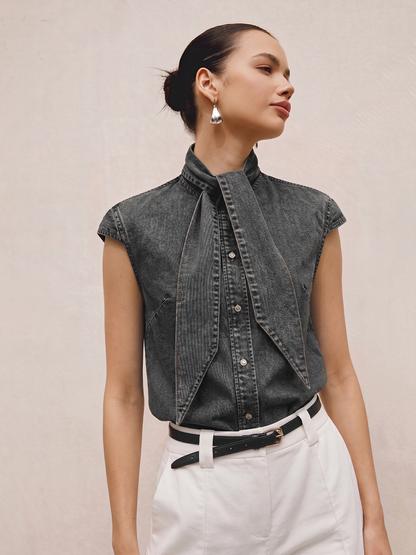 Tie Neck Sleeveless Denim Shirt