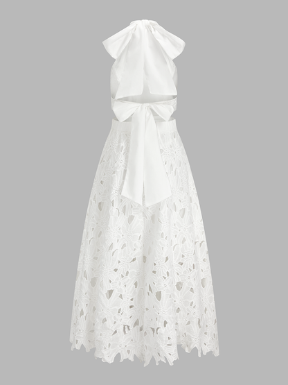 Halter Neck Bow Guipure Lace Maxi Dress