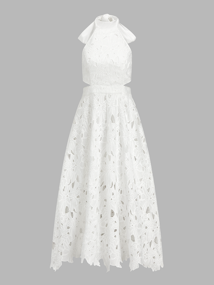 Halter Neck Bow Guipure Lace Maxi Dress