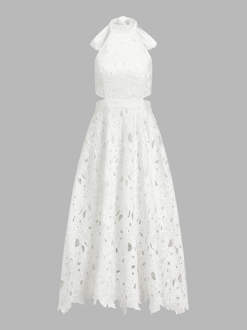 Halter Neck Bow Guipure Lace Maxi Dress