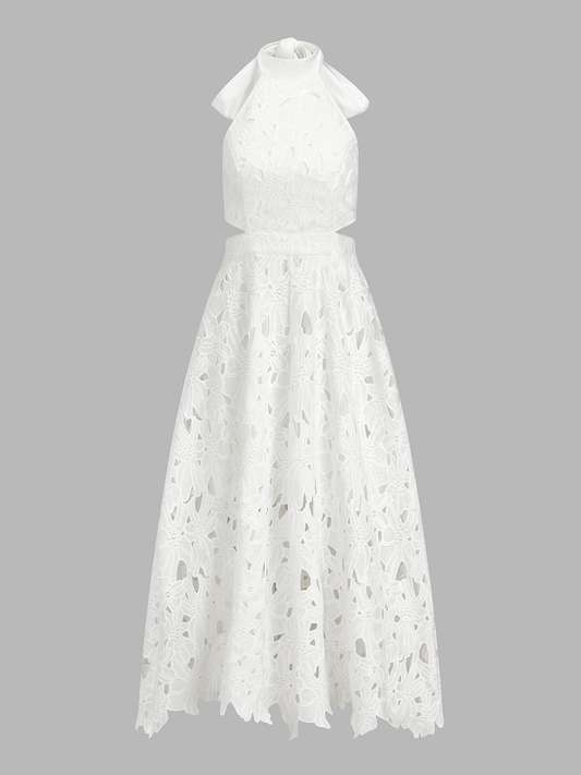 Halter Neck Bow Guipure Lace Maxi Dress