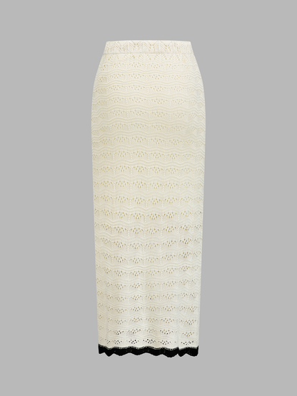 Contrast Trim Crochet Knit Top & Midi Skirt Set