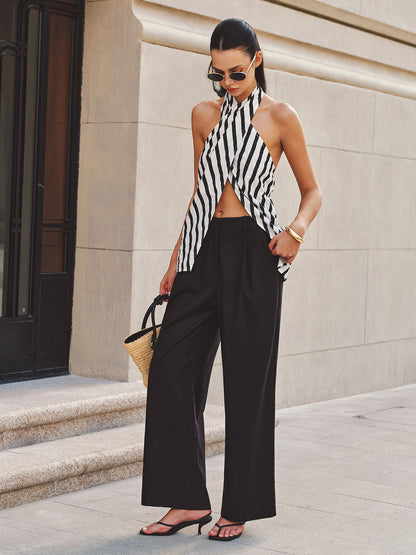Halter Striped Split Hem Top & Pants Set