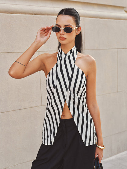 Halter Striped Split Hem Top & Pants Set