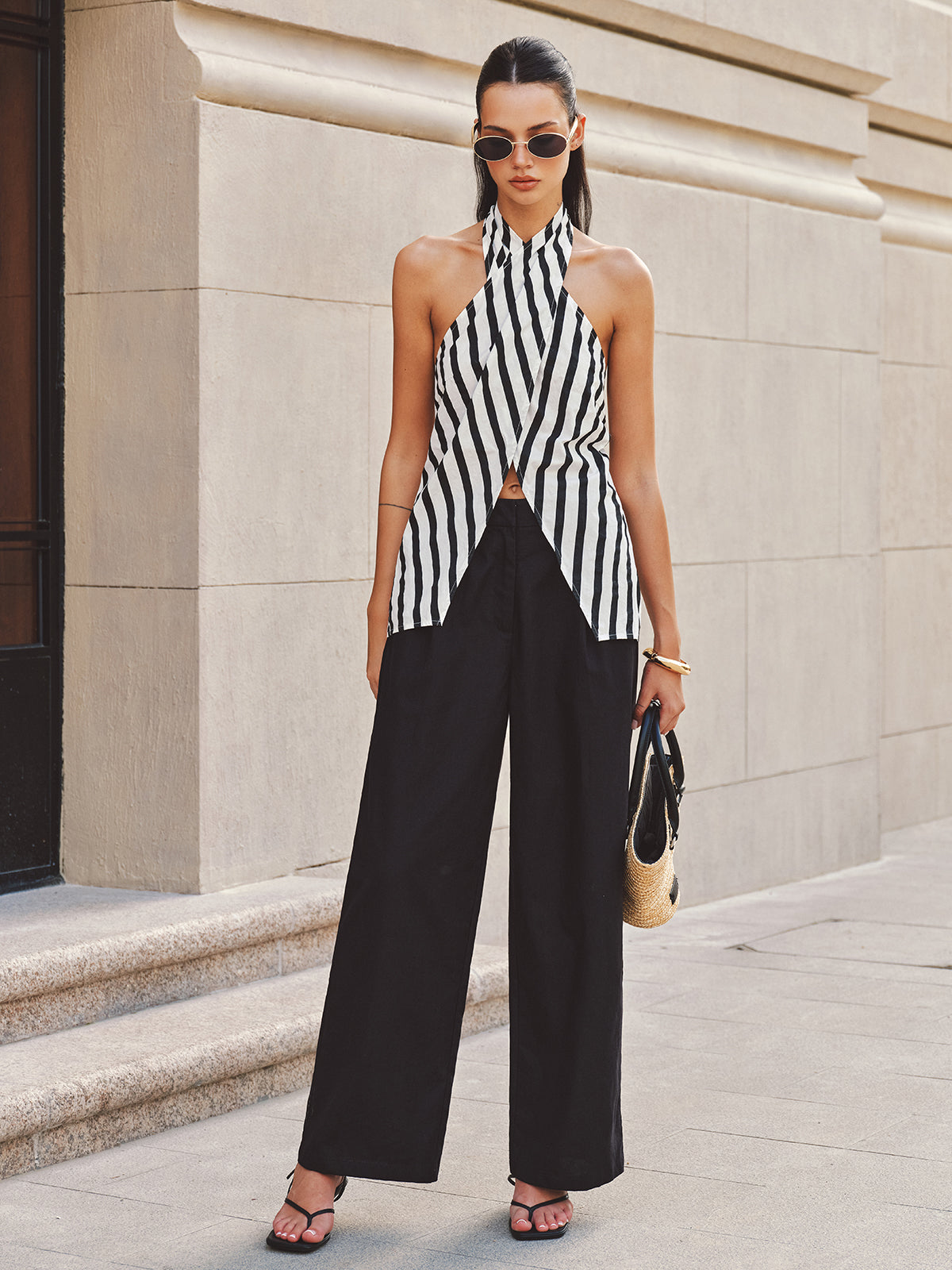 Halter Striped Split Hem Top & Pants Set
