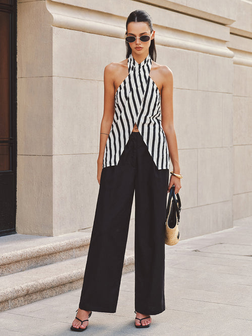 Halter Striped Split Hem Top & Pants Set