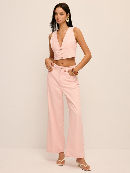 Deep V-Neck Cropped Denim Vest & Pants Set