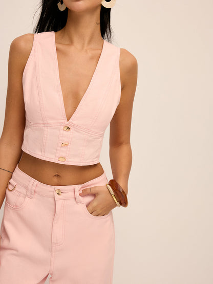Deep V-Neck Cropped Denim Vest & Pants Set