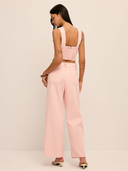 Deep V-Neck Cropped Denim Vest & Pants Set