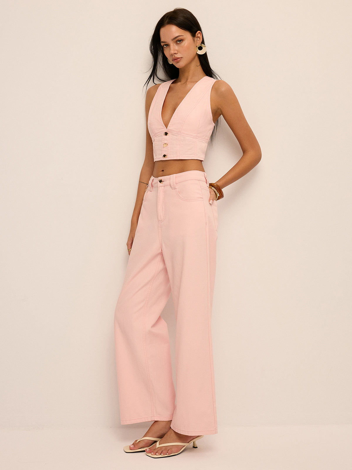 Deep V-Neck Cropped Denim Vest & Pants Set