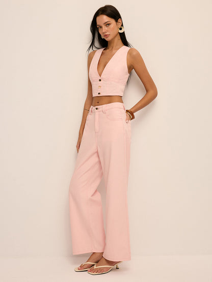 Deep V-Neck Cropped Denim Vest & Pants Set