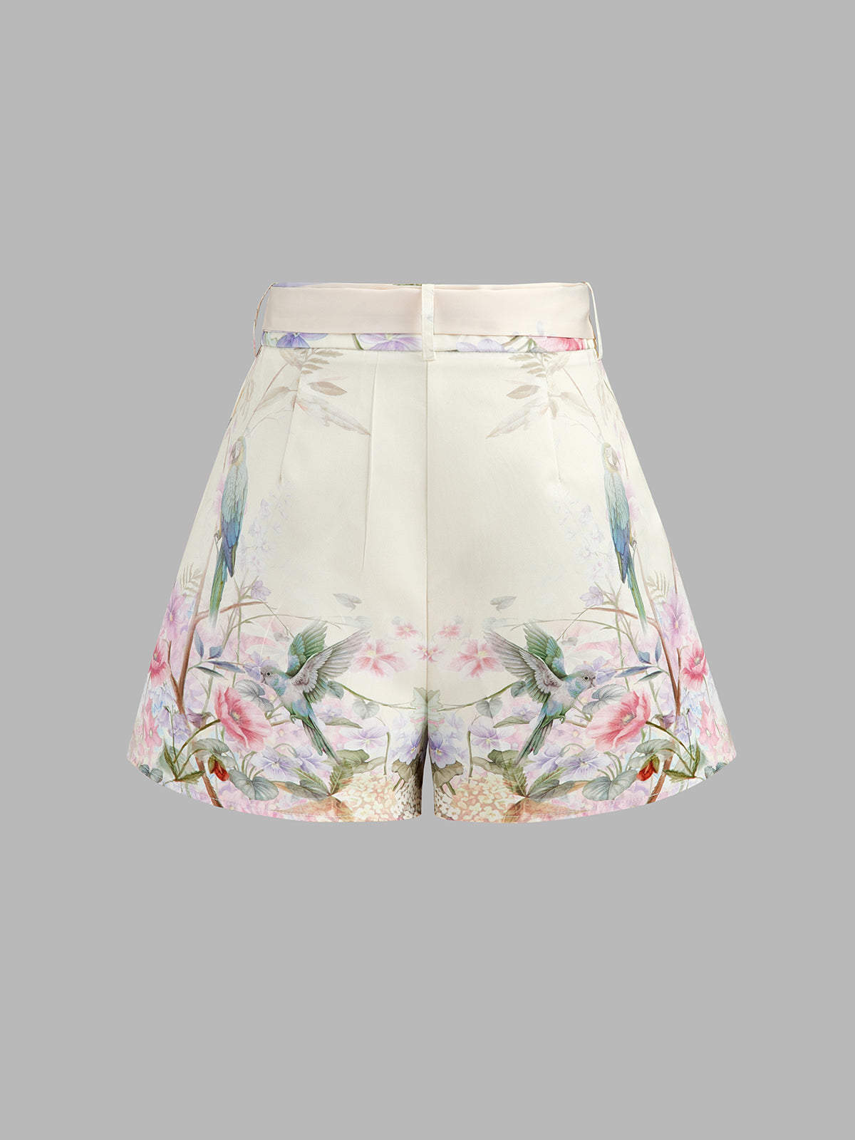 Floral Bird Print Bow Tie Casual Shorts
