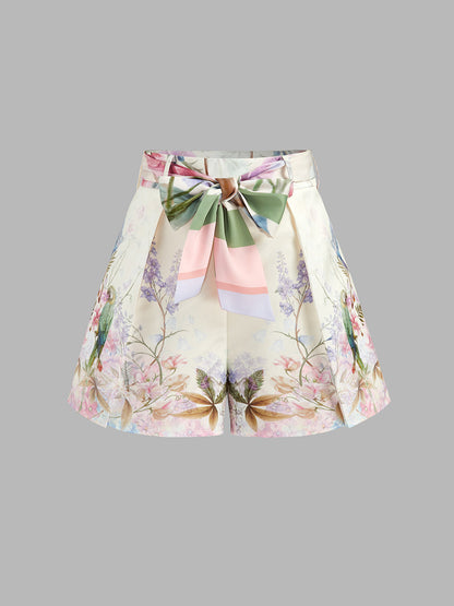 Floral Bird Print Bow Tie Casual Shorts