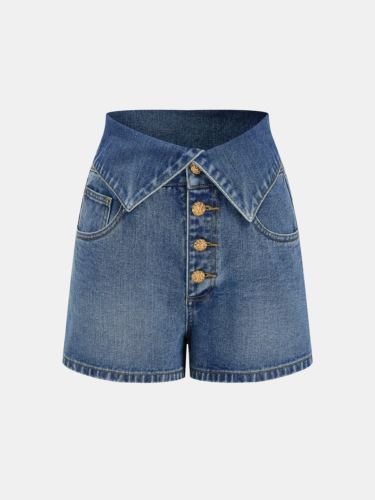 Fold Over Waistband Metal Button Denim Shorts