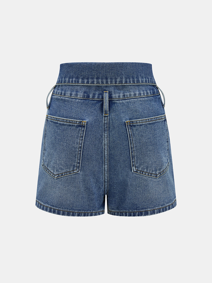 Fold Over Waistband Metal Button Denim Shorts