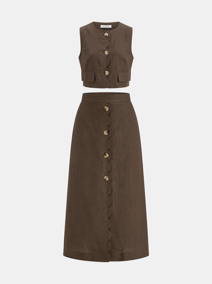 Cotton Linen Scallop Trim Vest & Skirt Set
