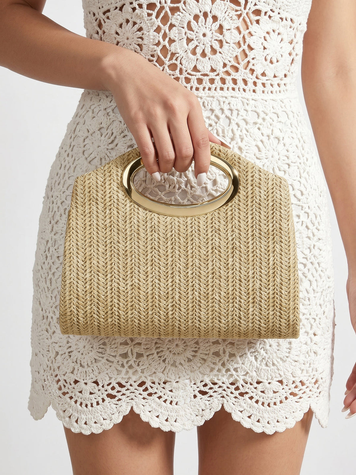 Straw Woven Ring Handle Handbag