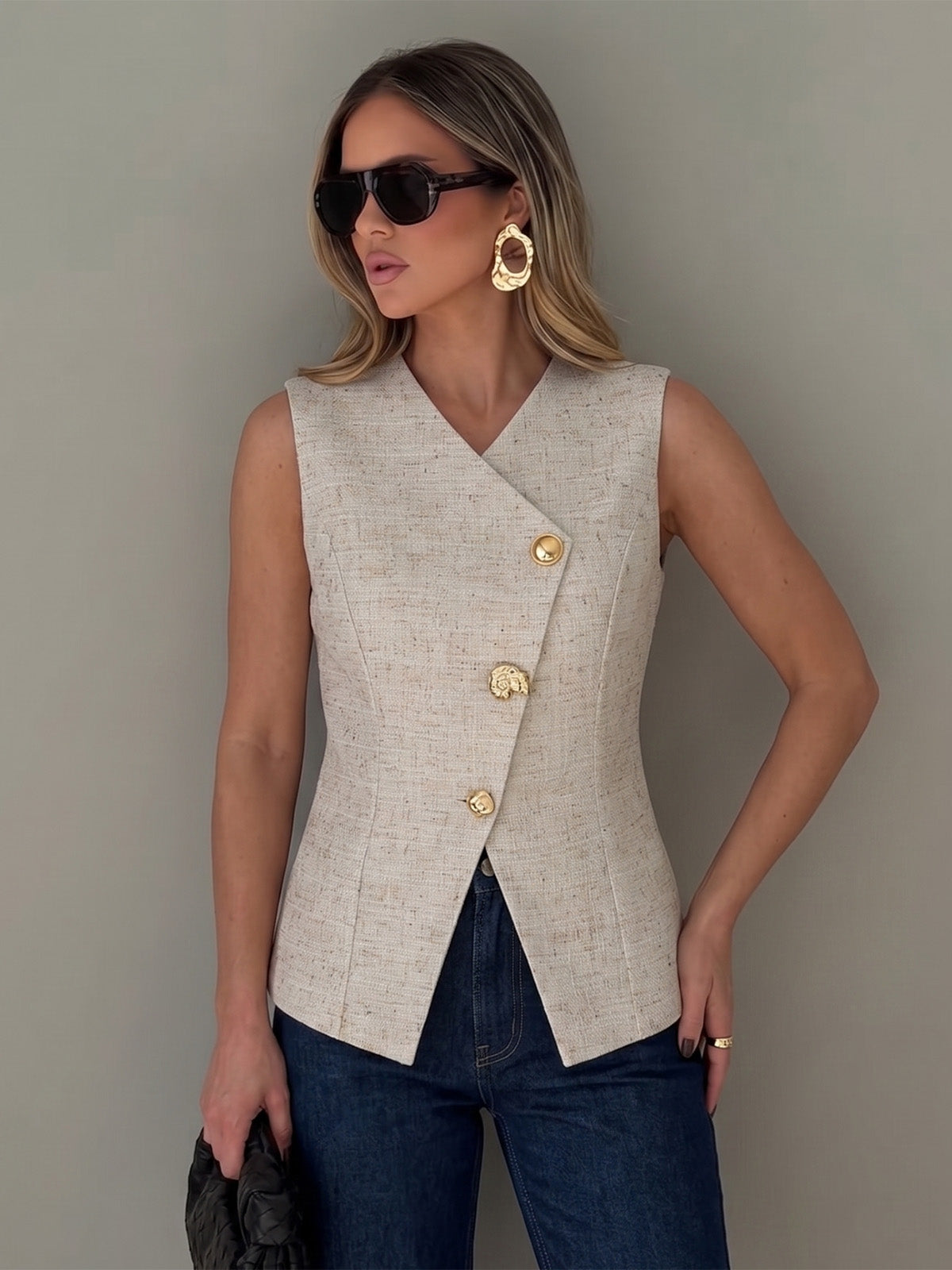 Textured Asymmetric Buttoned Vest
