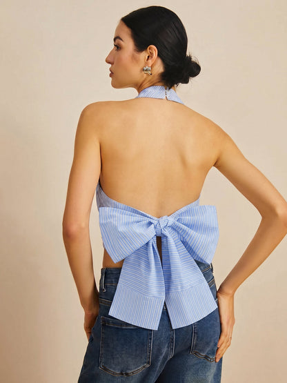Back Bow Sparkly Detail Striped Halter Top